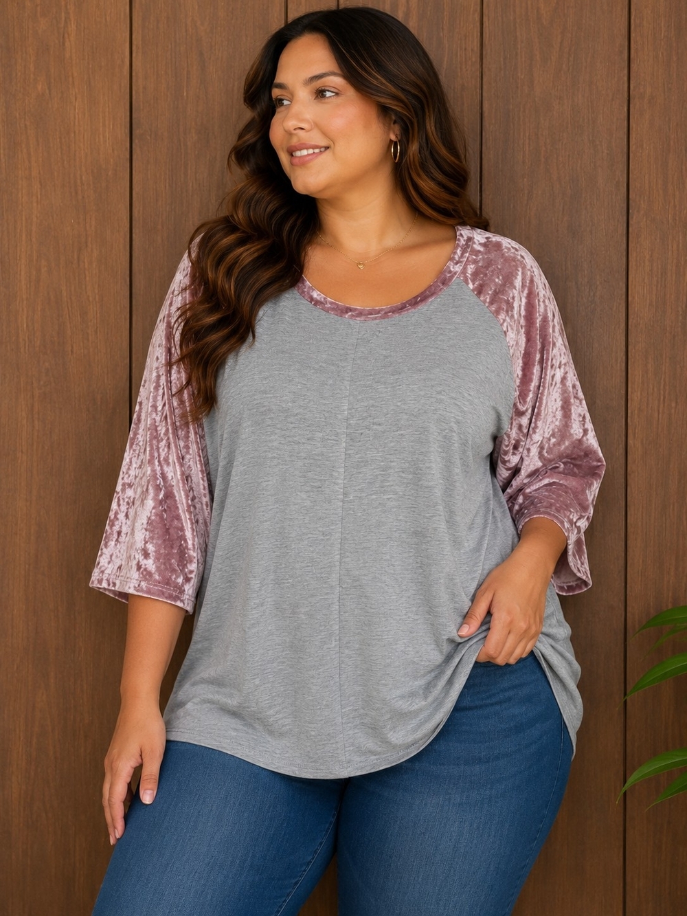 Oversized Curvy Crushed Velvet Sleeve Raglan Top - Grey and Mauve